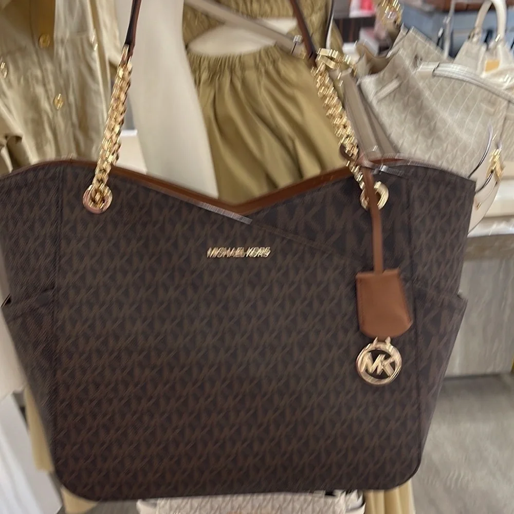 Michael Kors Jet Set Travel Large Chained Tote Shoulder Bag MK Brown NWT